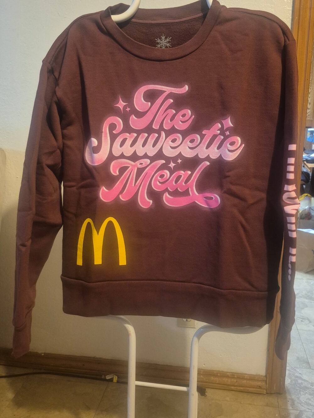 McDonald's Brown Crewneck Sweatshirt with Pink Script and Yellow Logo